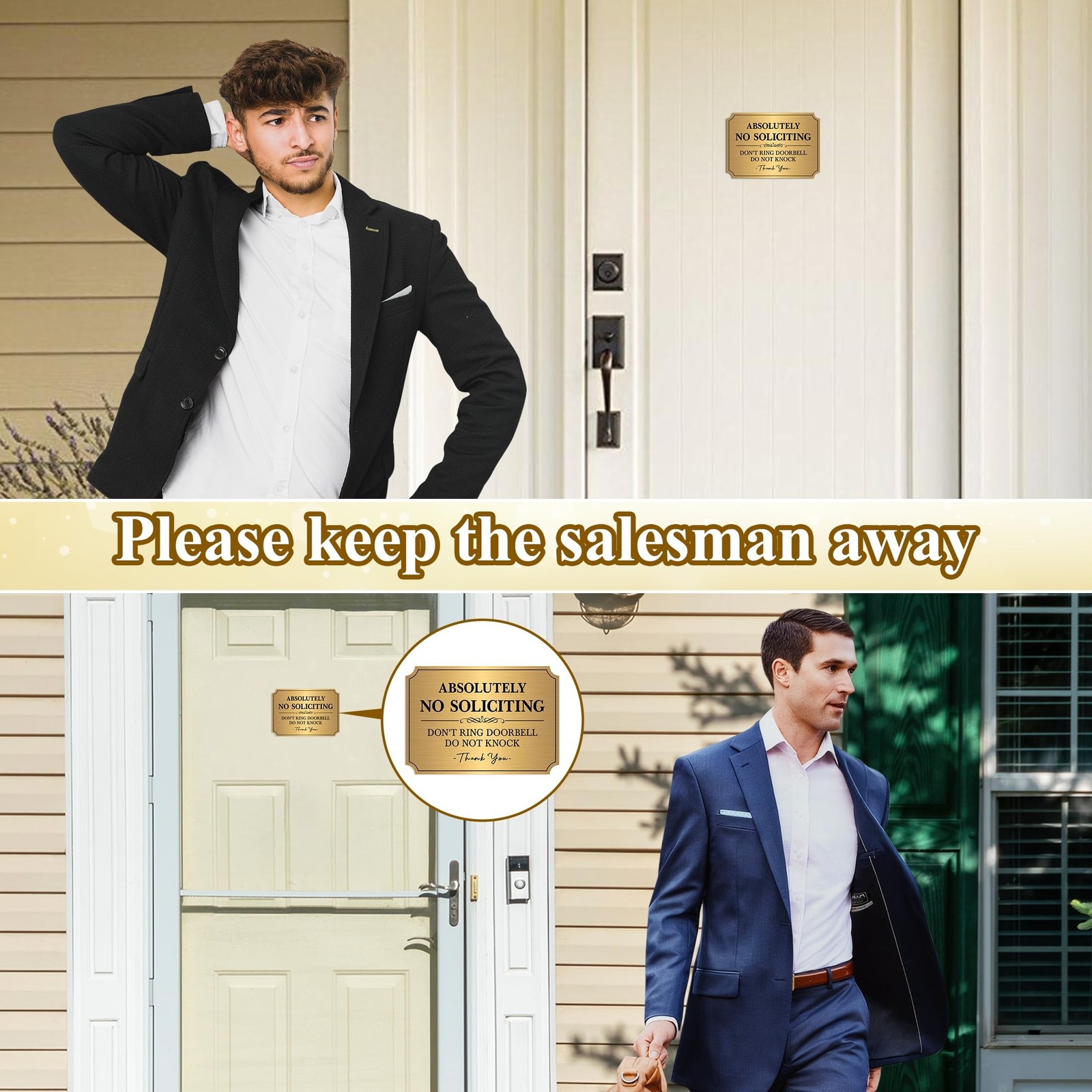 No Soliciting Sign for Front Door，Self-Adhesive Elegant Brushed Gold Do N