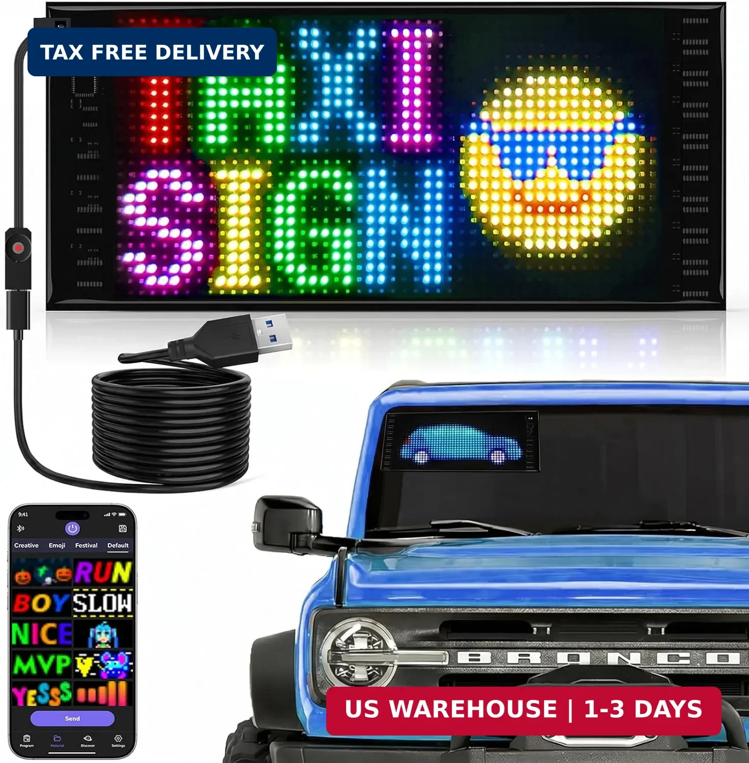RAYHOME Full Color Dual Row LED Light Sign for Car, 10.6 »x4.7 » Scrolling LED S