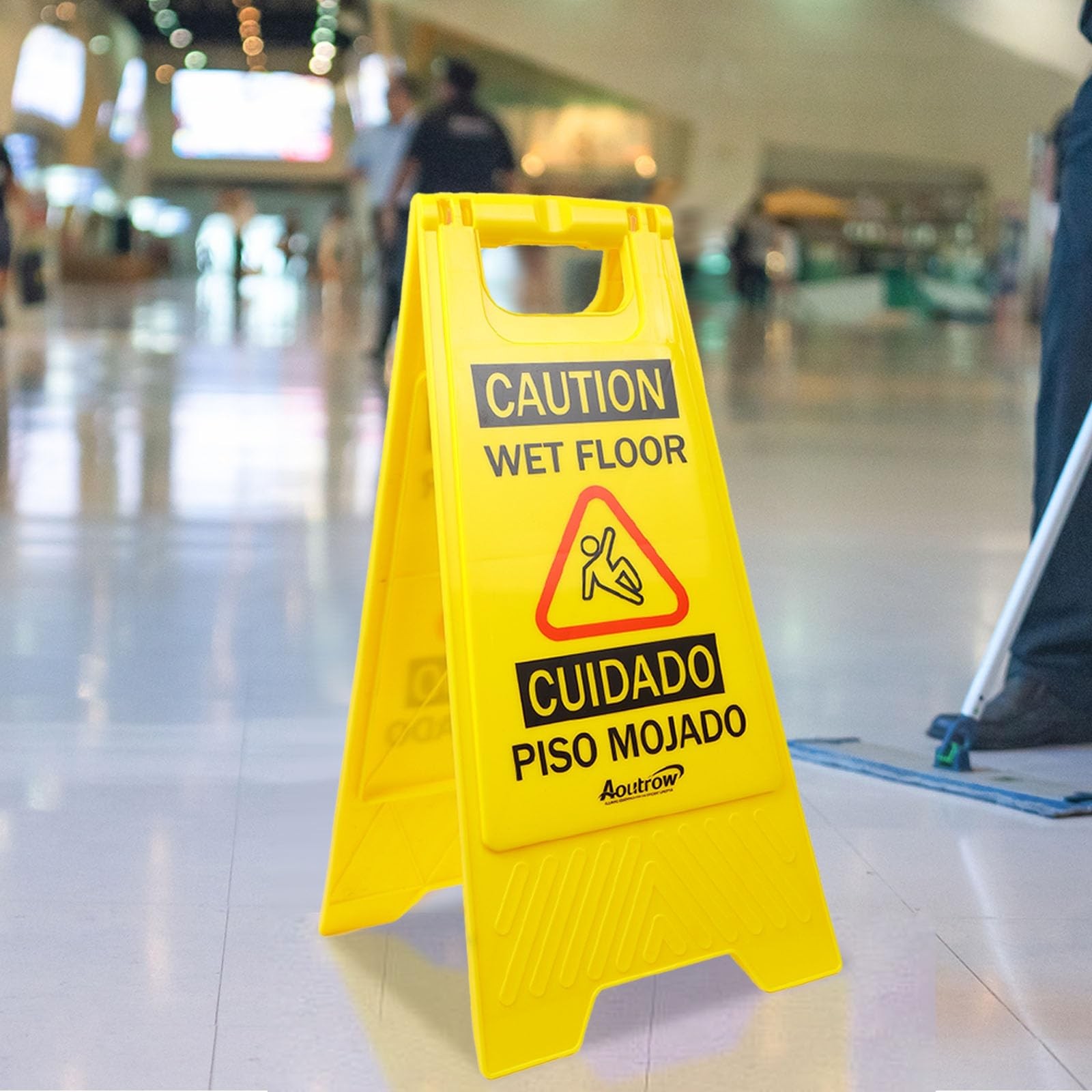 Caution Wet Floor Sign, Bilingual Foldable Safety Sign (17.12In X 8.38In X 0.94I
