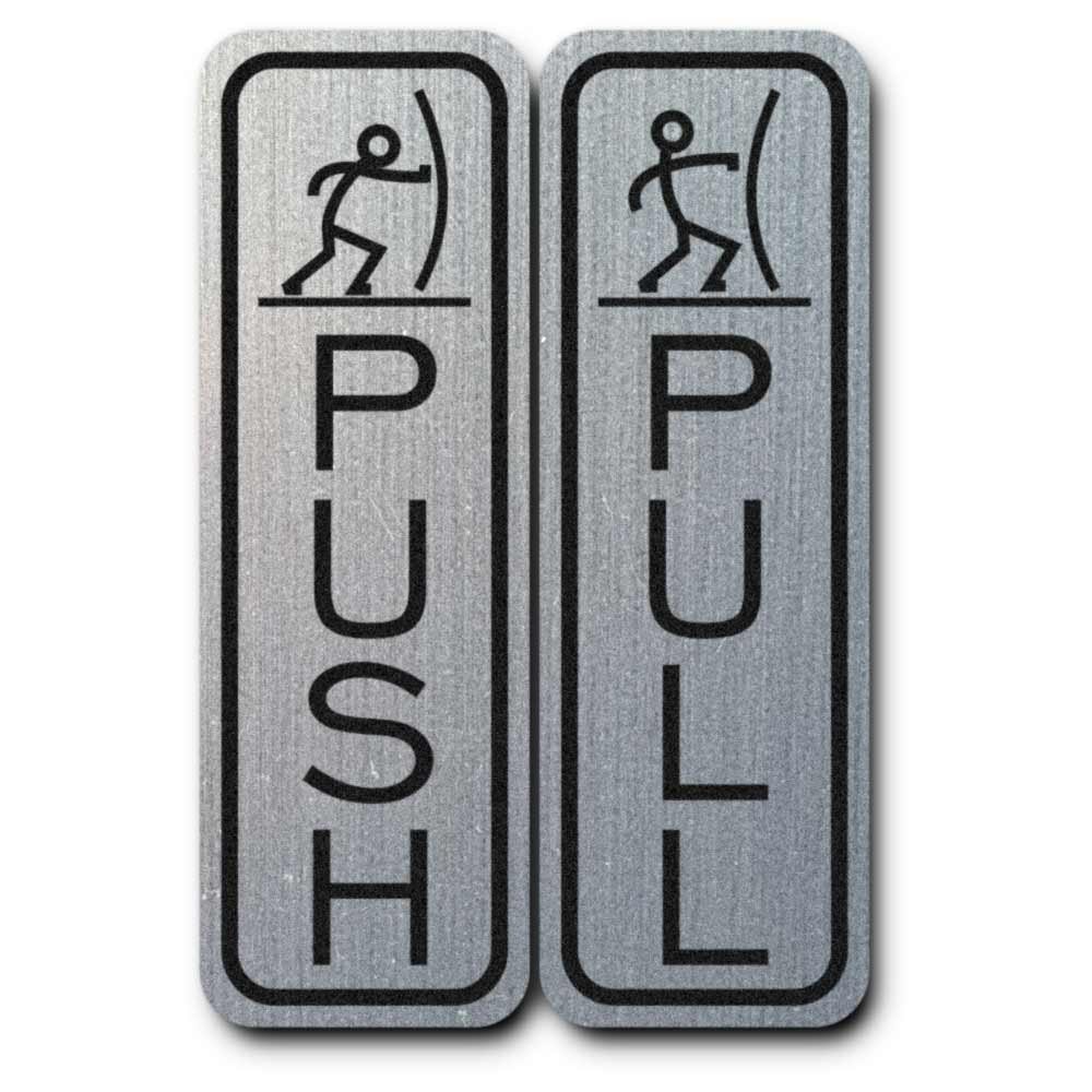 2 PCS Push Pull Door Signs Classic Entrance Medium Brushed Silver Metal Tags