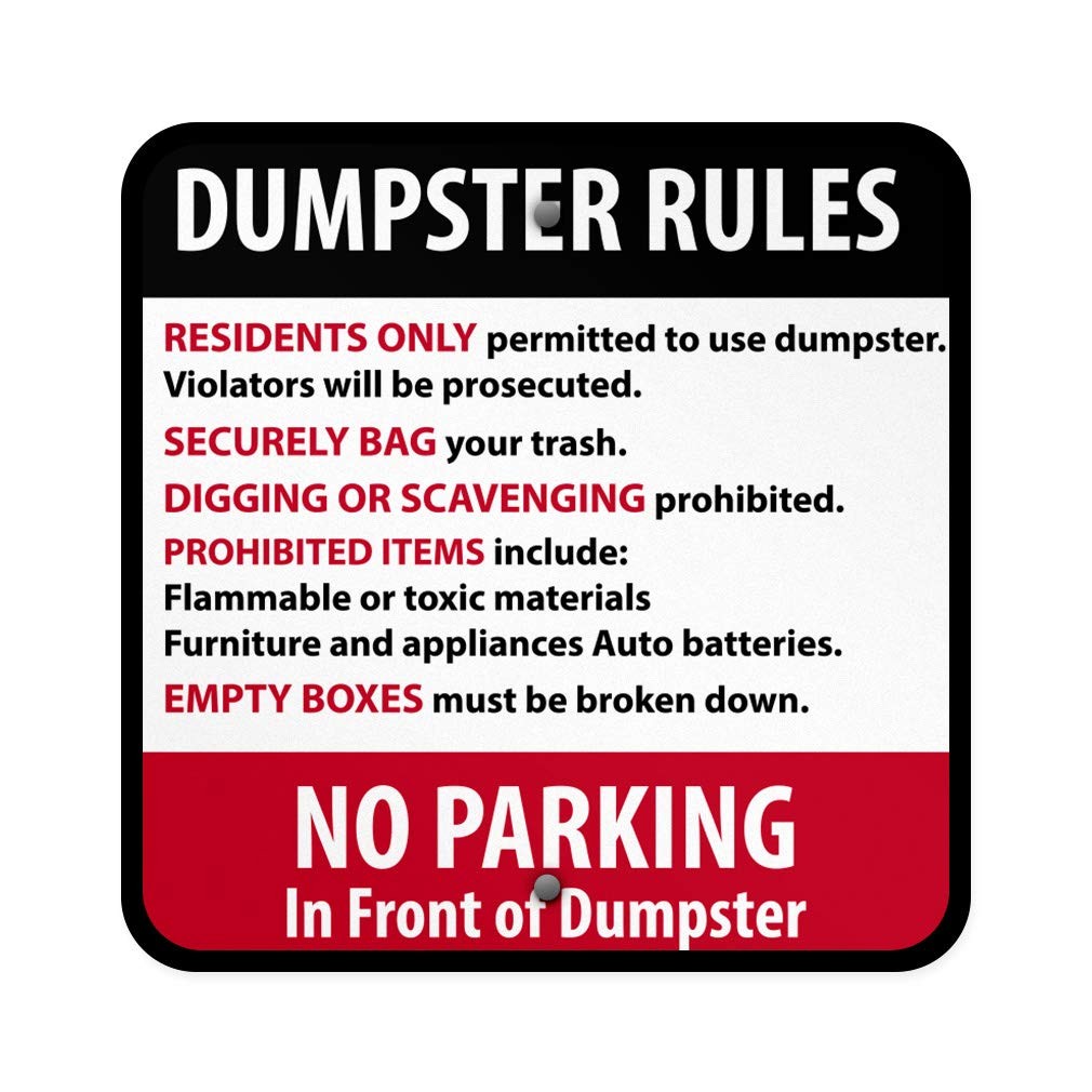 12×12 Inch Aluminum Square Metal Sign Dumpster Rules Residents Only Violators