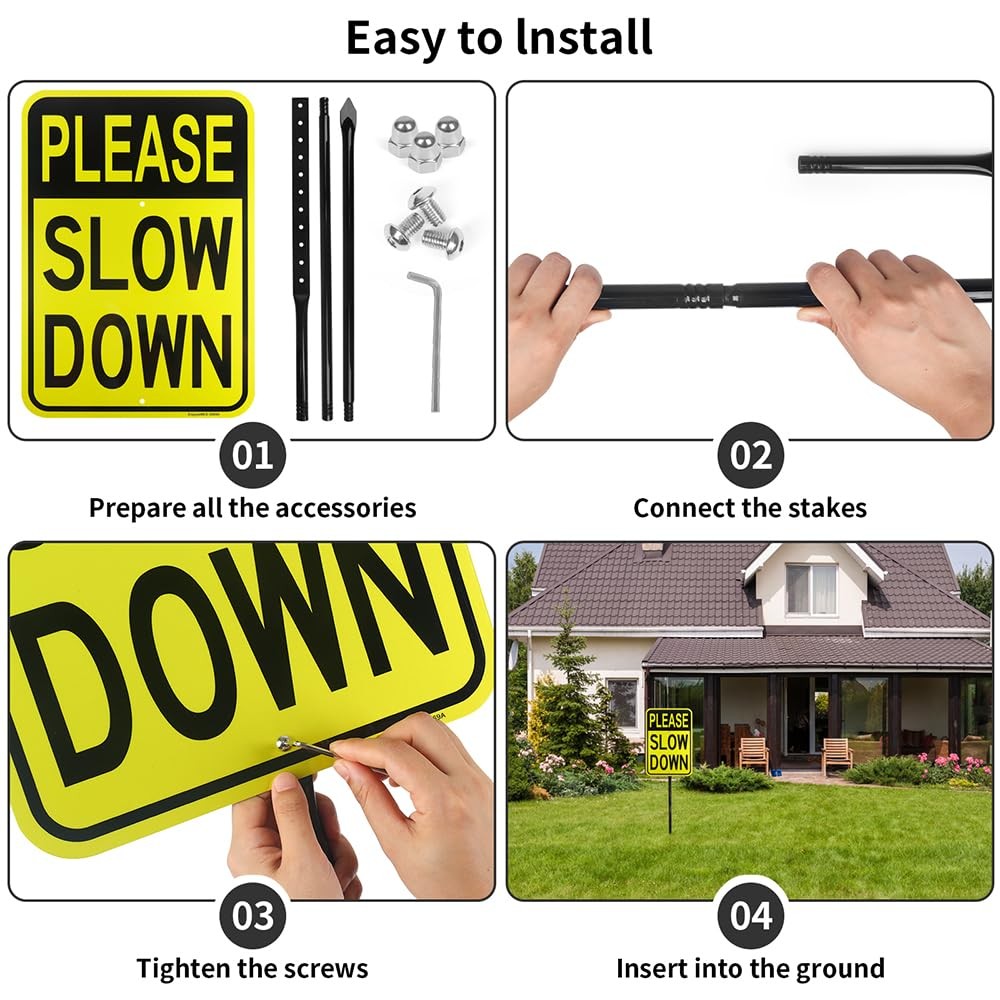 Large Please Slow Down Sign 54 Inch Metal Stake 17×12 Inch Aluminum Reflective