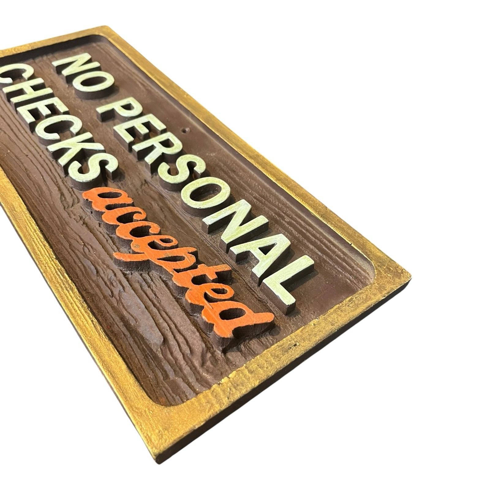 Vtg No Personal Checks Accepted Wood Natural Woodgrain Sign Store Office Signage