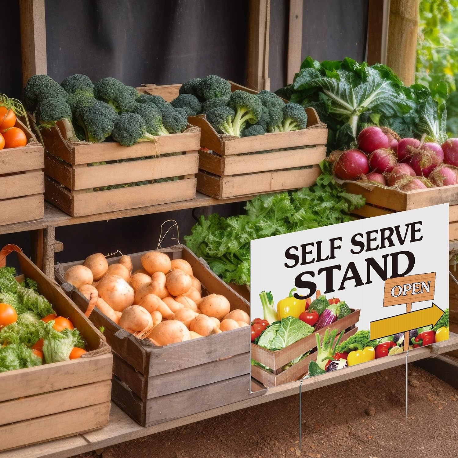 3 Pcs Self Serve Stand Sign with Metal Ground Stakes 12 x 16 Inch Vegetable Sign