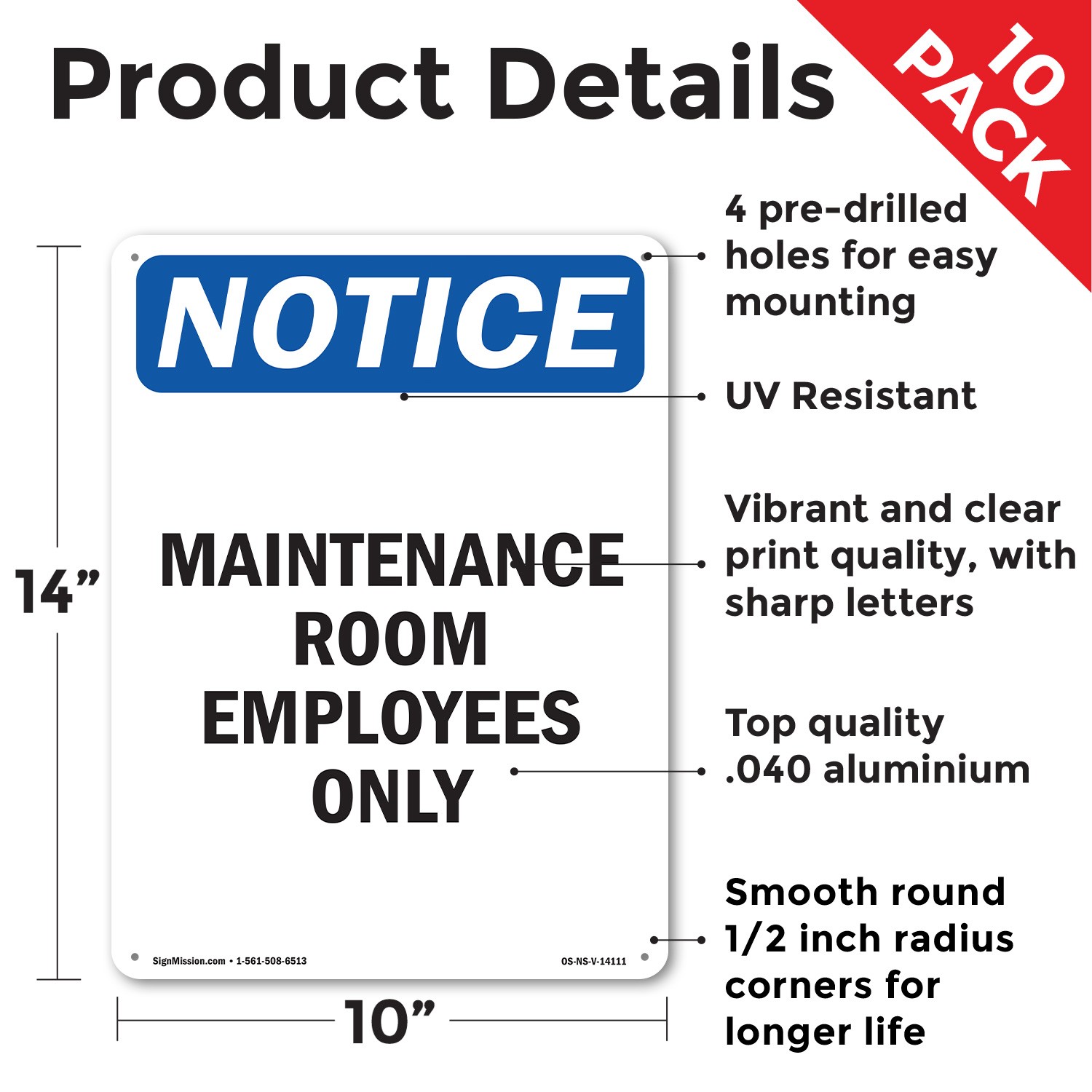 Maintenance Room Employees Only OSHA Notice Sign Metal,, Decal 5 or 10 Pack