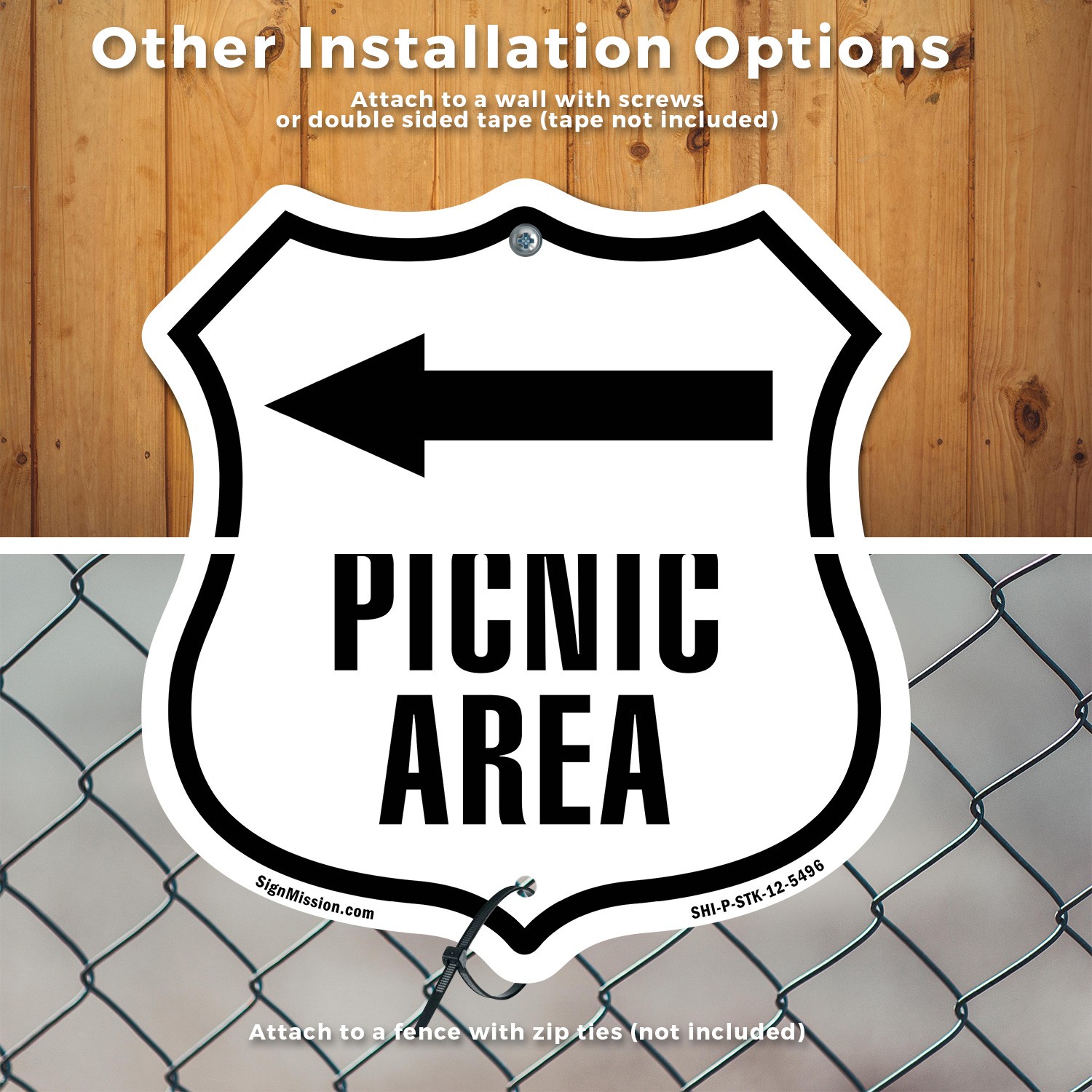 Picnic Area Left Shield Shaped Sign With Stake Crafted in the USA