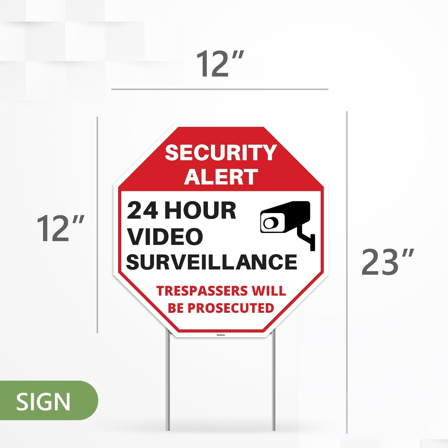 2PC 24 Hour Video Surveillance Sign with Stakes, 12&Prime;X12&Prime; – Corrugated Plastic –