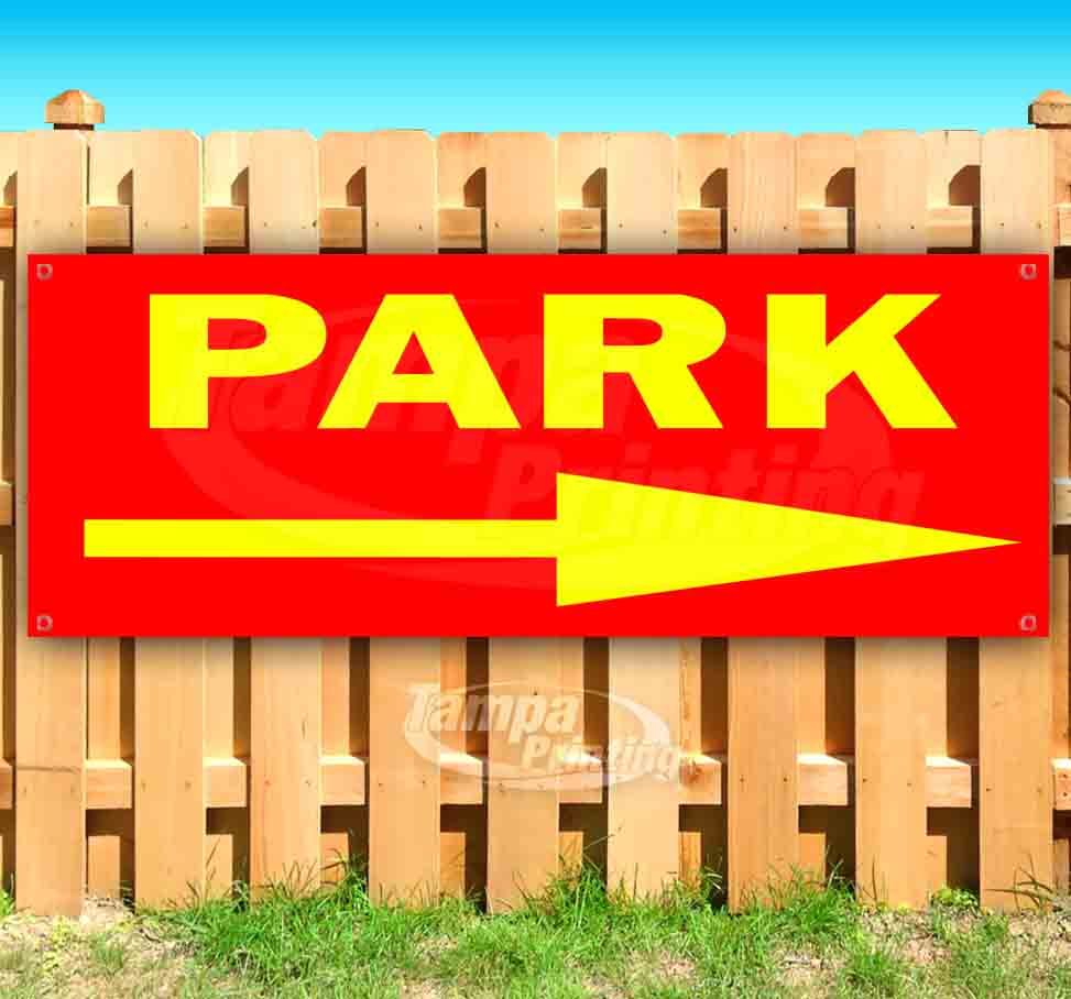 PARK RIGHT RED/YEL Advertising Vinyl Banner Flag Sign Many Sizes DIRECTIONAL