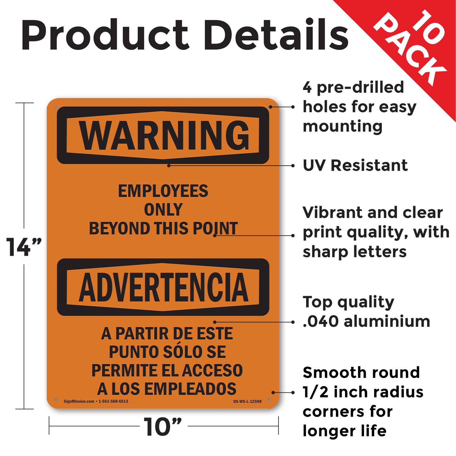 Employees Only Beyond This Point Bilingual OSHA WARNING Sign, Decal 5 or 10 Pack