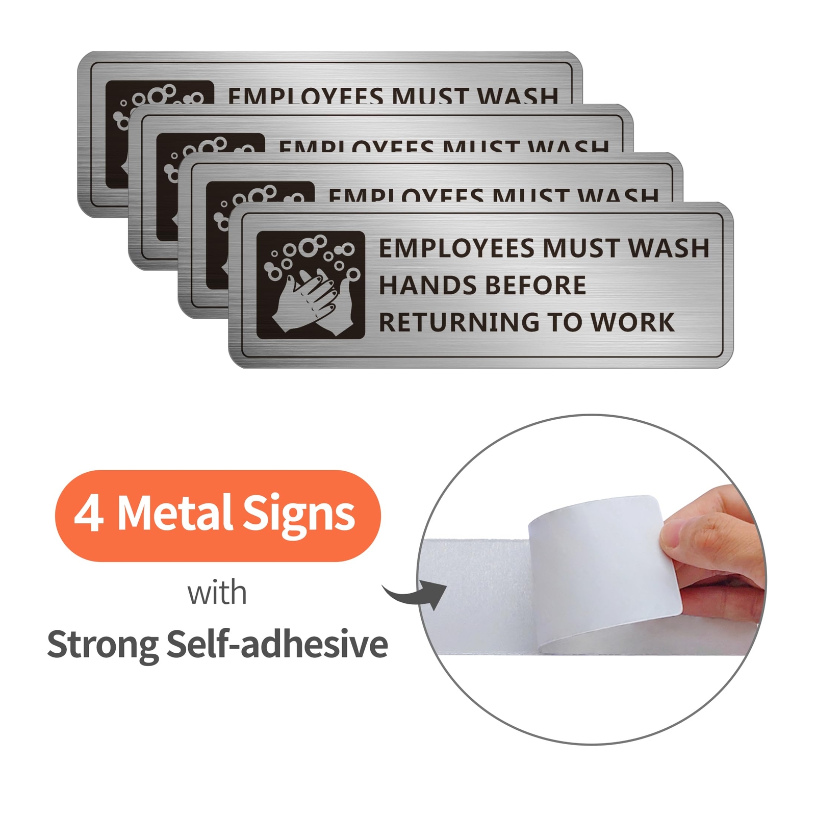 (4 Pack) Employees Must Wash Hands Sign Self-Adhesive Metal Signage for Bath