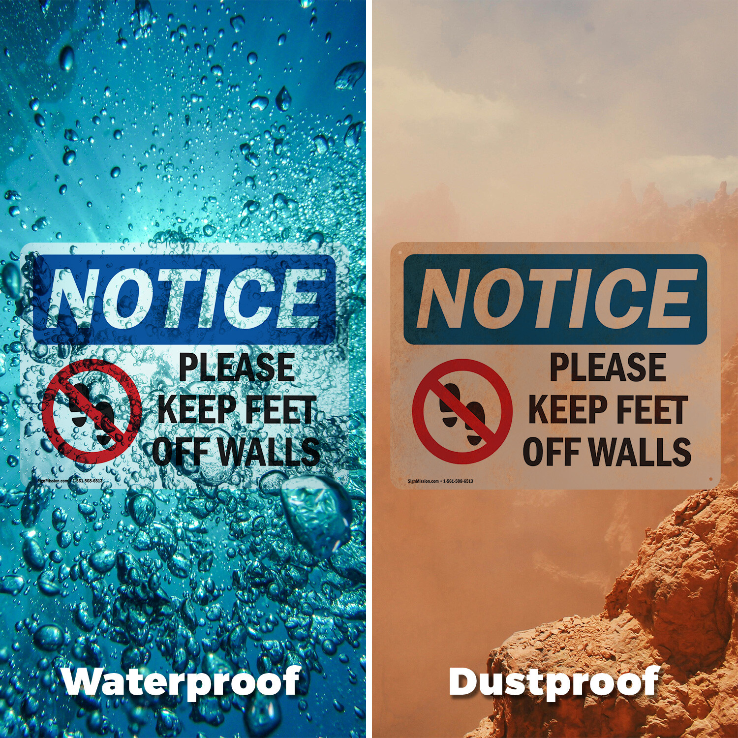(2 Pack) Please Keep Feet Off Walls OSHA Notice Sign Decal Metal Plastic