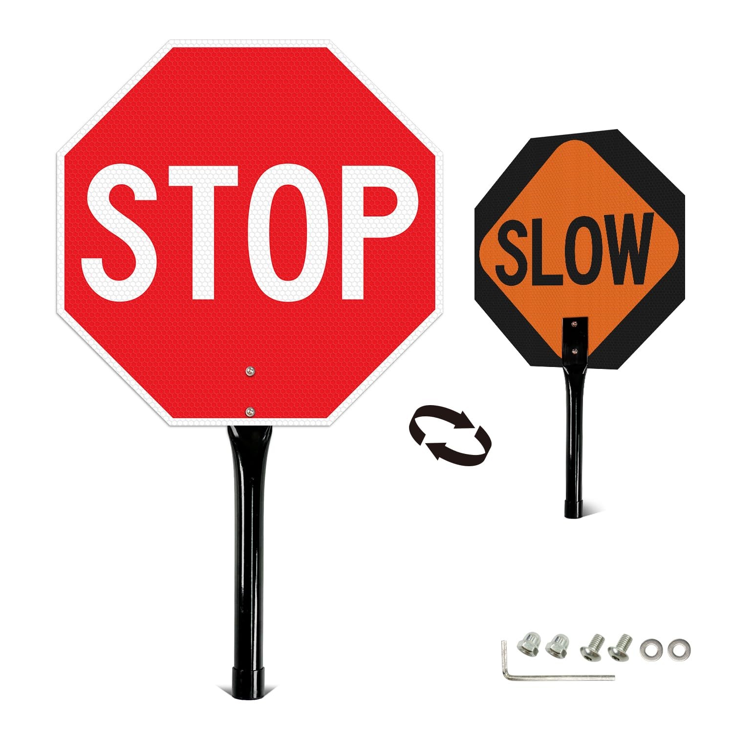 1 PCS Stop Slow Sign Metal Handle 13×13 Inch Double Sided Reflective Traffic