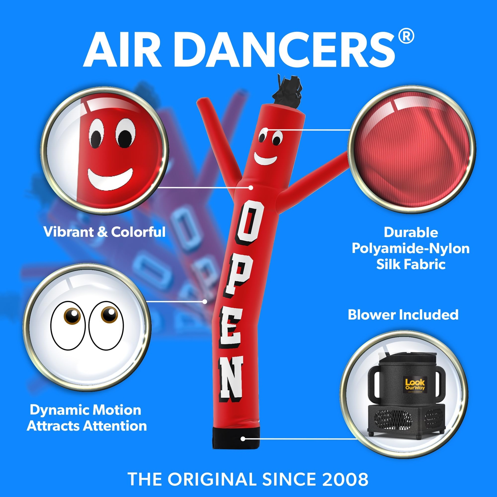 LookOurWay Air Dancers Inflatable Tube Man Set – 7ft Tall Wacky Open Red