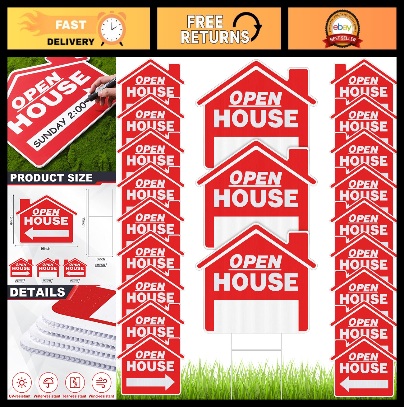 Open House Kit – 21 Directional Signs with Stakes for Real Estate Agents, Weathe