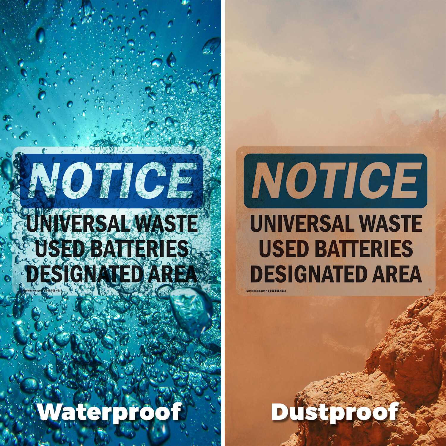 (2 Pack) Universal Waste Used Batteries Designated Area OSHA Notice Sign Decal