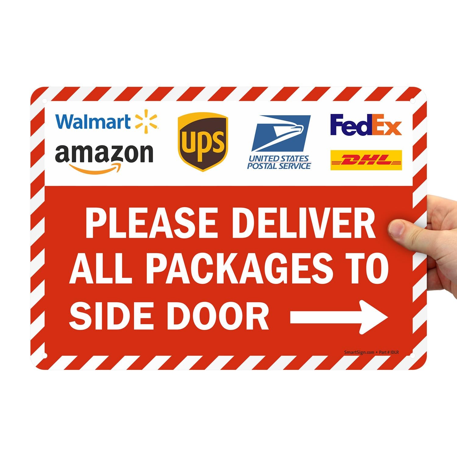 Deliver Packages To Side Door Sign Right Arrow 14×10 Inch Aluminum Striped