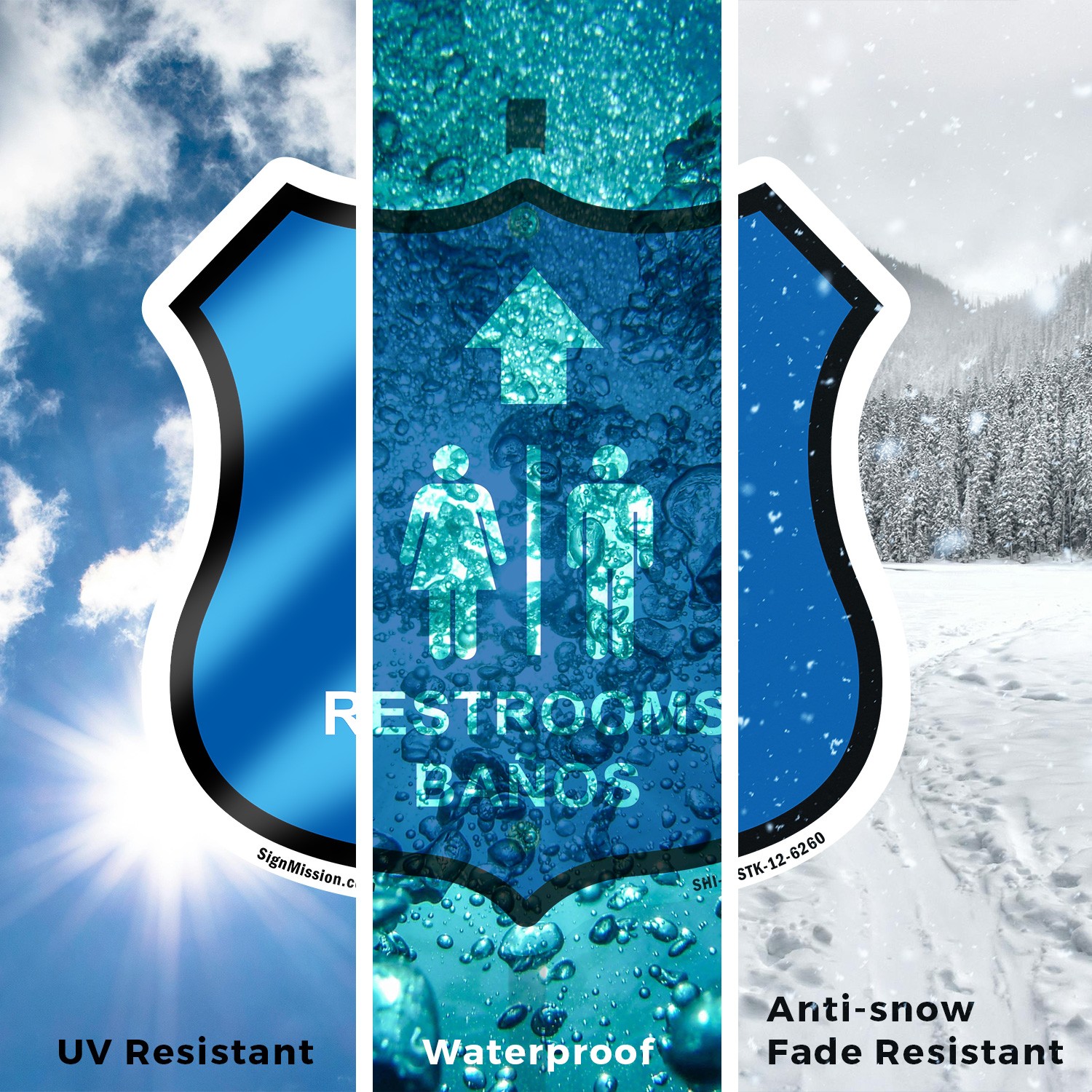 Restrooms Ba�os Up Arrow Bilingual English / Spanish Shield Sign With Stake