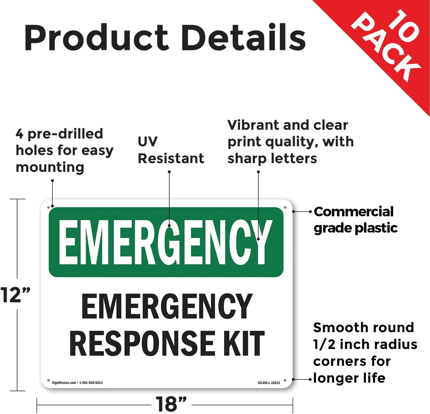 Response Kit OSHA Emergency Rigid Plastic Sign 18 Inch X 12 Inch – 10 Pack
