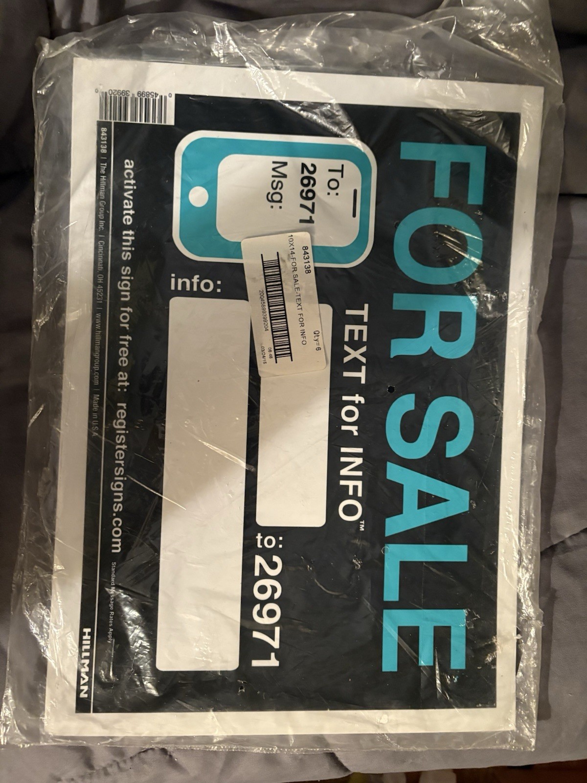 10×14 Inch FOR SALE TEXT for INFO Sign Qty: 6 843138 Black, White, Teal Plastic