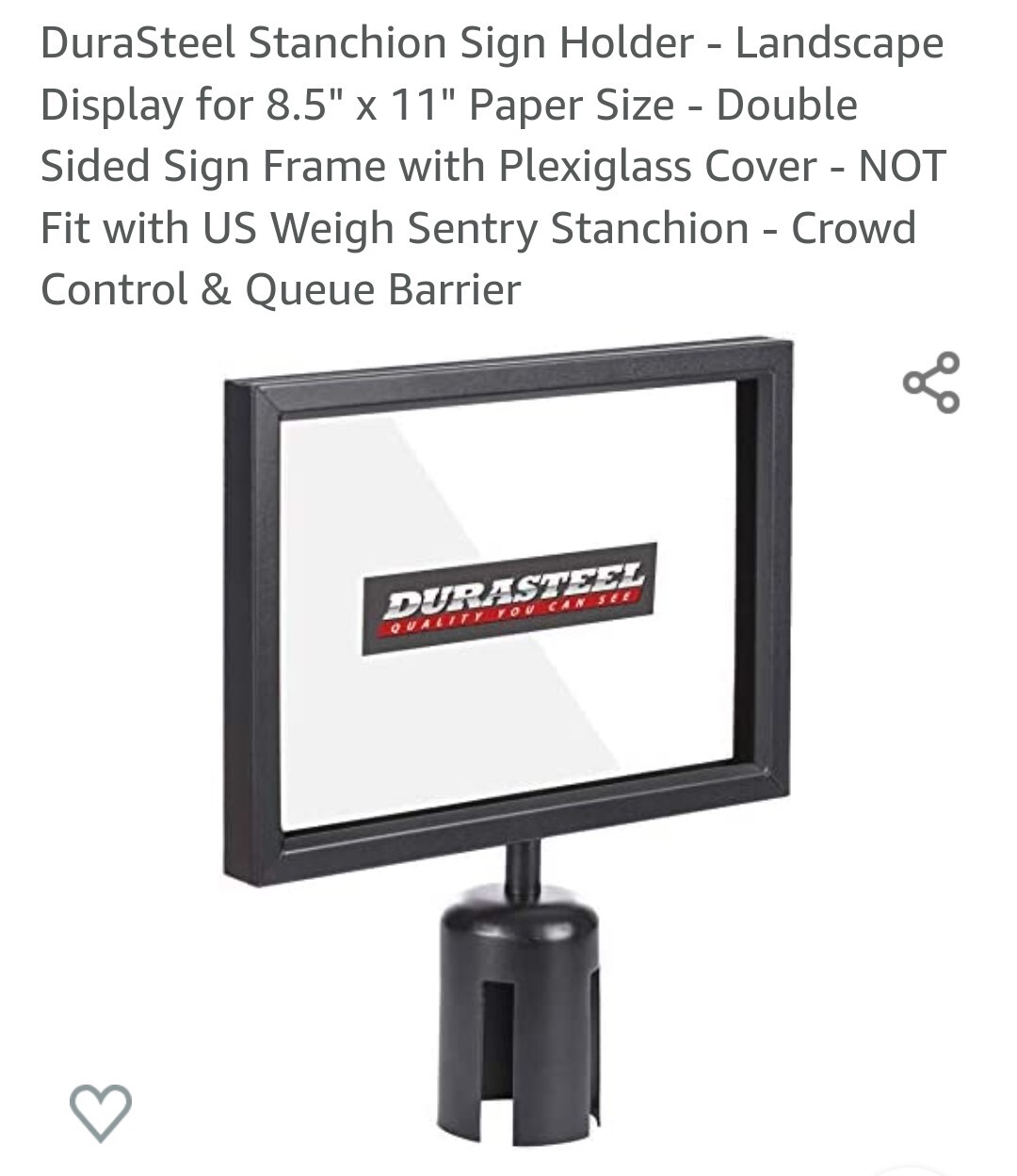 DURASTEEL Horizontal Landscape Sign Holder – NEW IN BOX – Fits 8.5&Prime; x 11&Prime; Paper