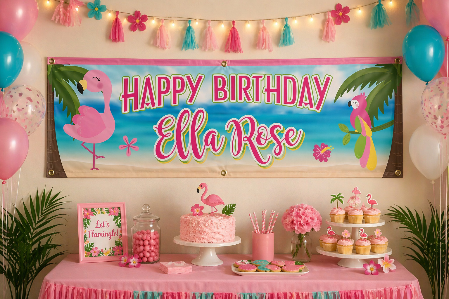 Personalized Birthday Banner Flamingo Palm Tree Sign – 15oz Heavy Duty