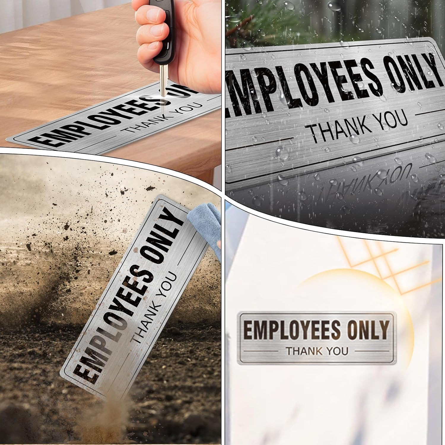 Employees Only Sign Aluminum Silver 9 x 3 Inches Self-Adhesive Waterproof Metal
