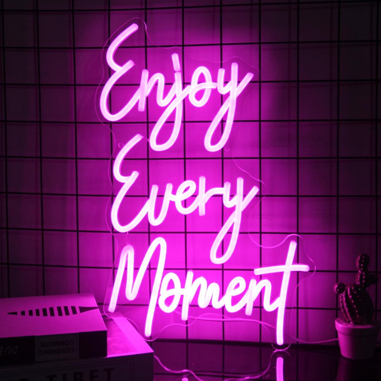 Enjoy Every Moment Neon Sign Pink Letter LED Sign Words Neon Light Up Sign En…