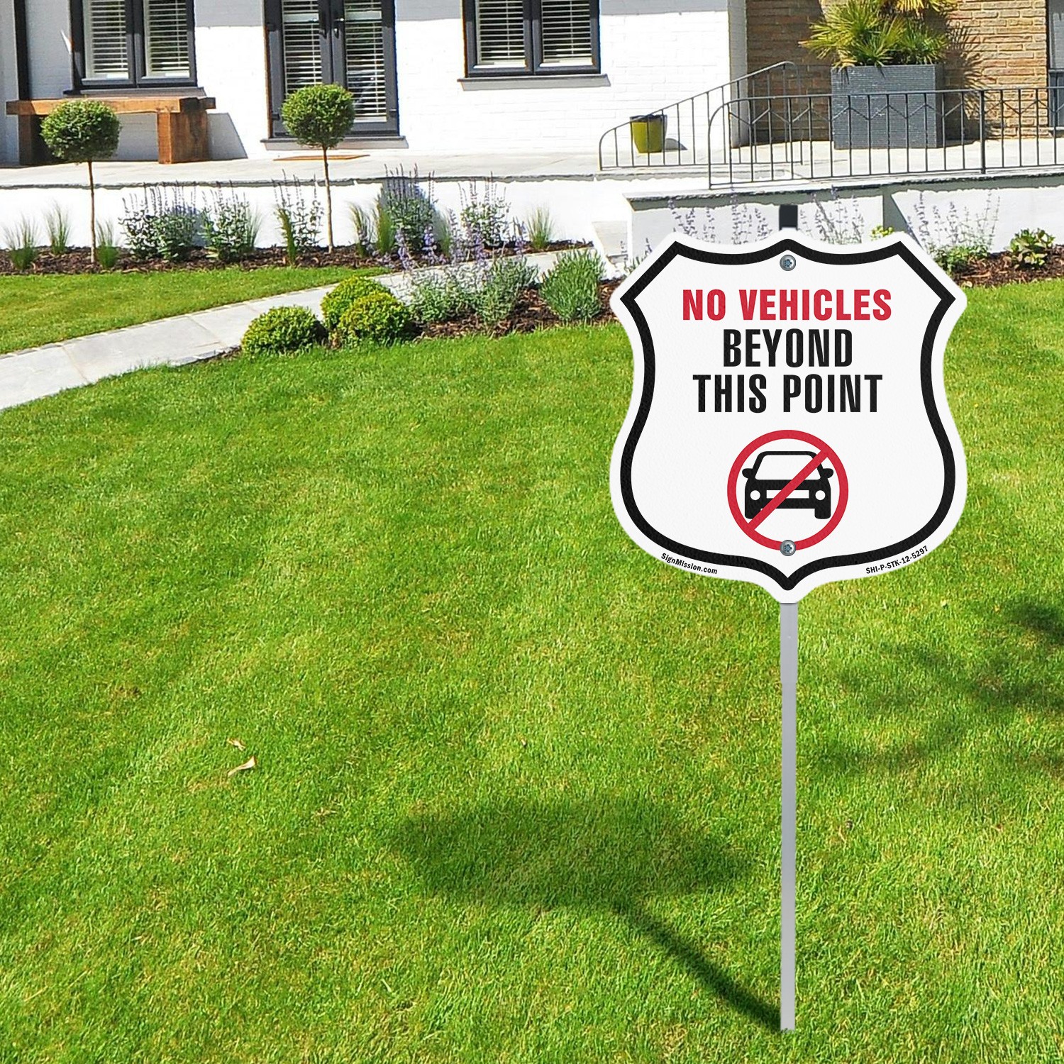 No Vehicles Beyond This Point Shield Shaped Sign With Stake Weather Resistant