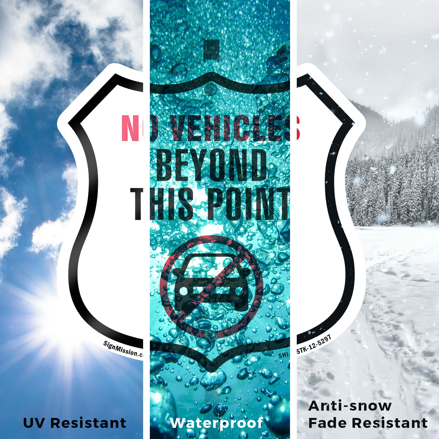 No Vehicles Beyond This Point Shield Shaped Sign With Stake Weather Resistant