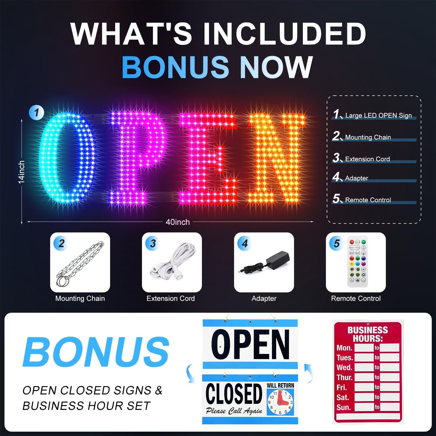 Large LED Open Sign with Remote & App Control for Stores & Cafes