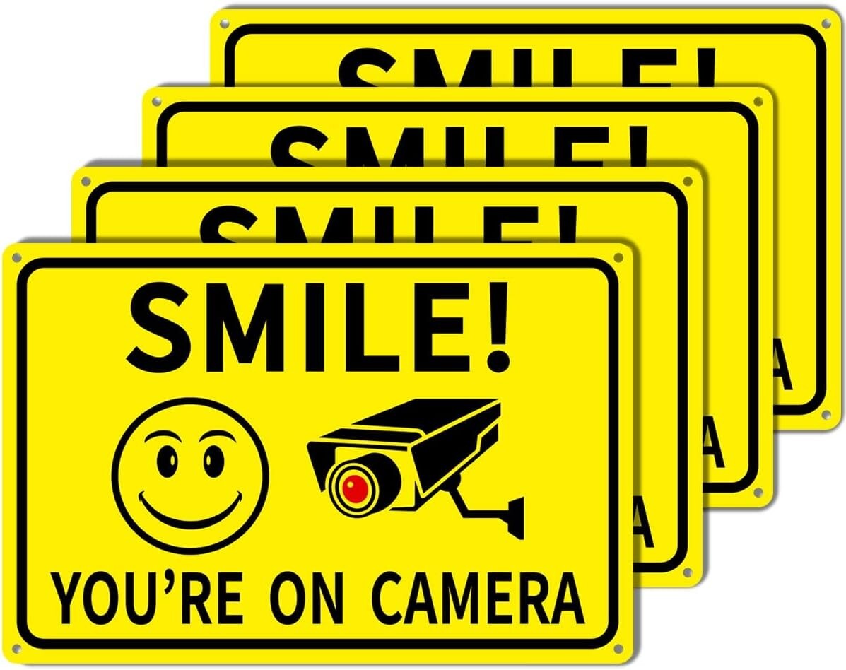 4-Pack Smile You&rsquo;re On Camera Signs 8&Prime;x12&Prime; Rust Free Aluminum Video Surveillance