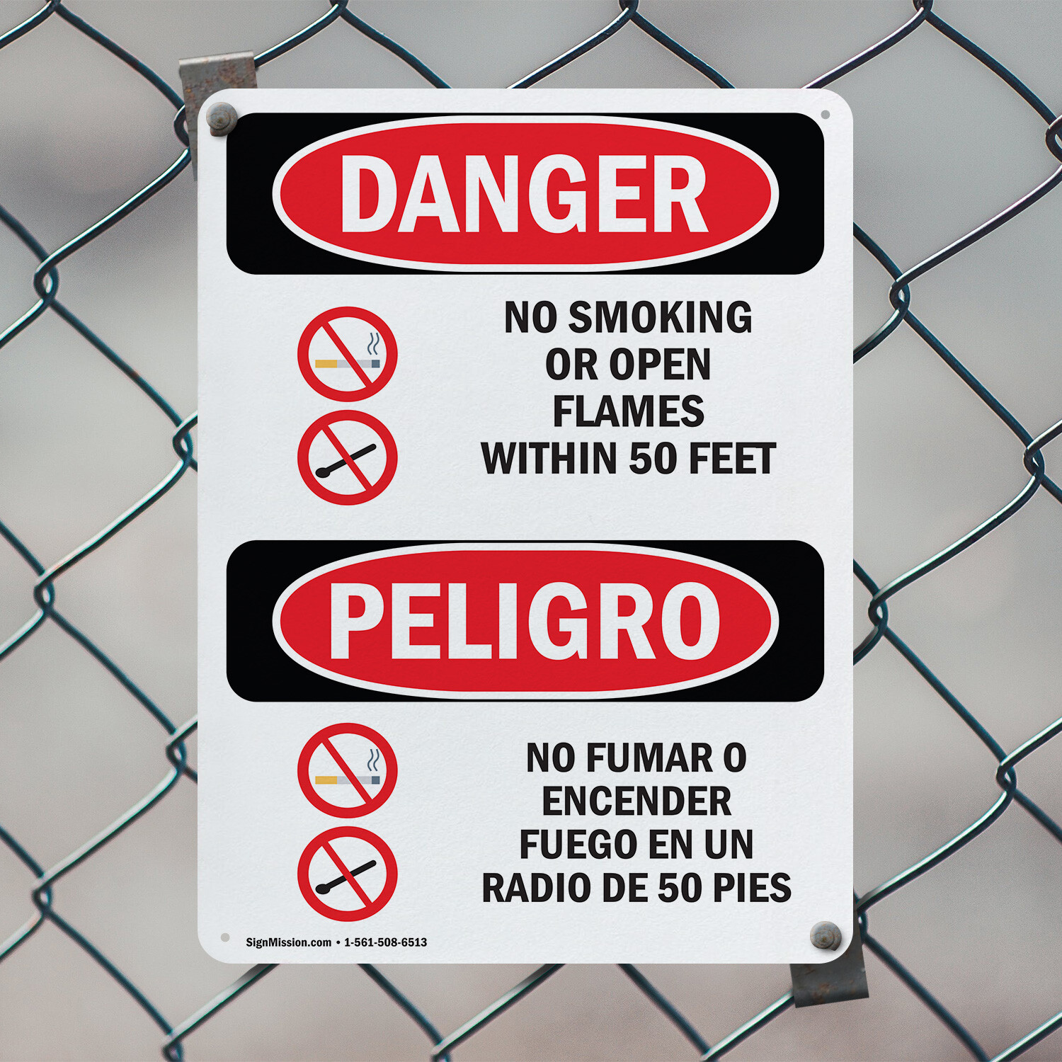 (2 Pack) No Smoking Or Open Flames 50 Feet Bilingual OSHA Danger Sign Decal