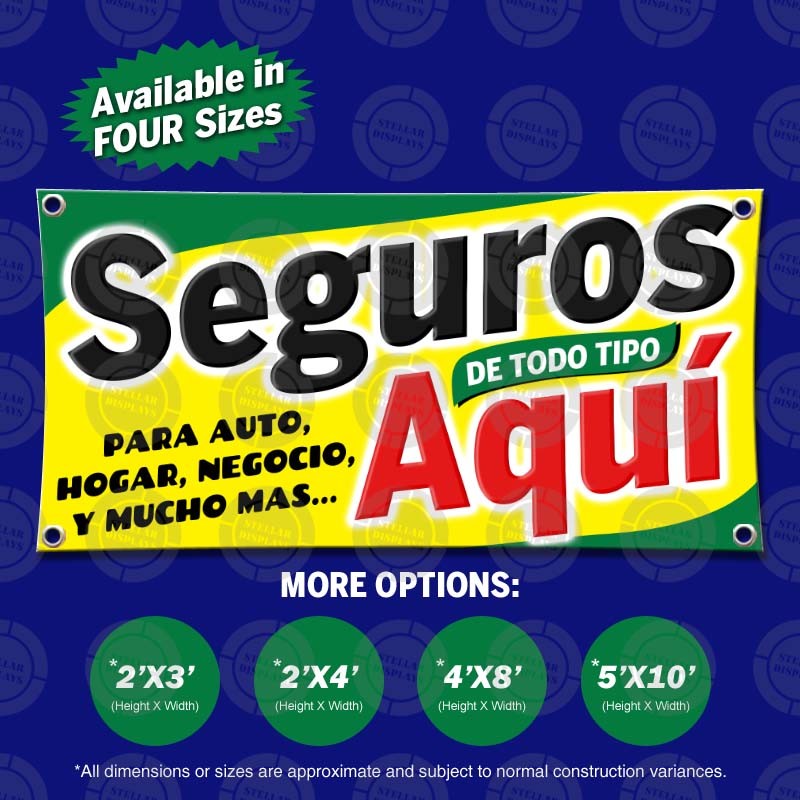Seguros de Todo Tipo Aqui Sign Banner Display Anuncio Lona Tienda Shop Open Auto
