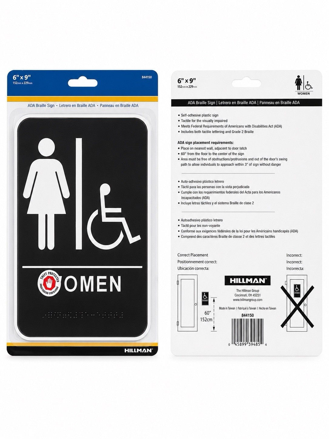 Hillman ADA Braille Women Restroom Sign 6×9 Wheelchair Accessible New