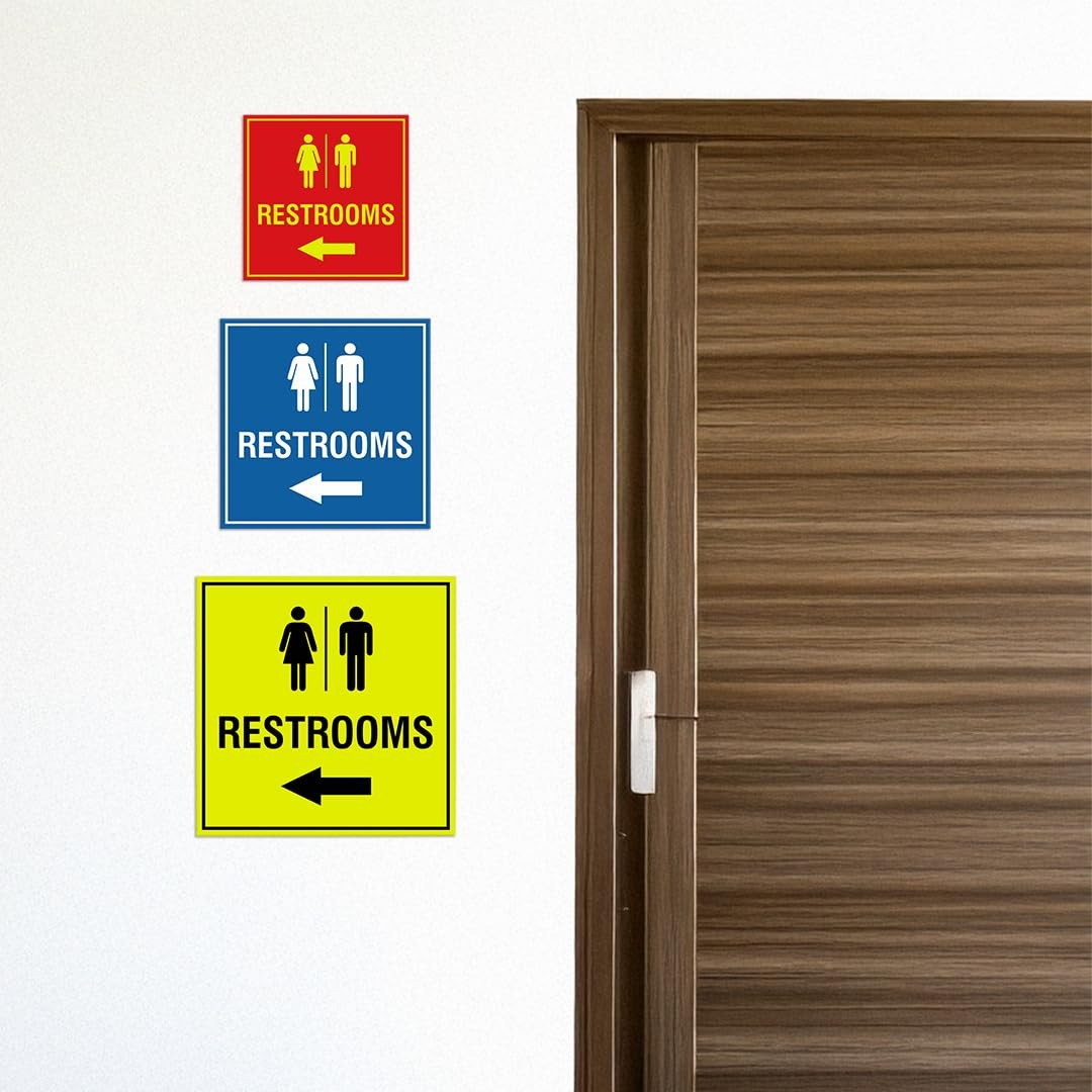 Square Restrooms left arrow Sign with Adhesive Tape Black – Large 1 Pack