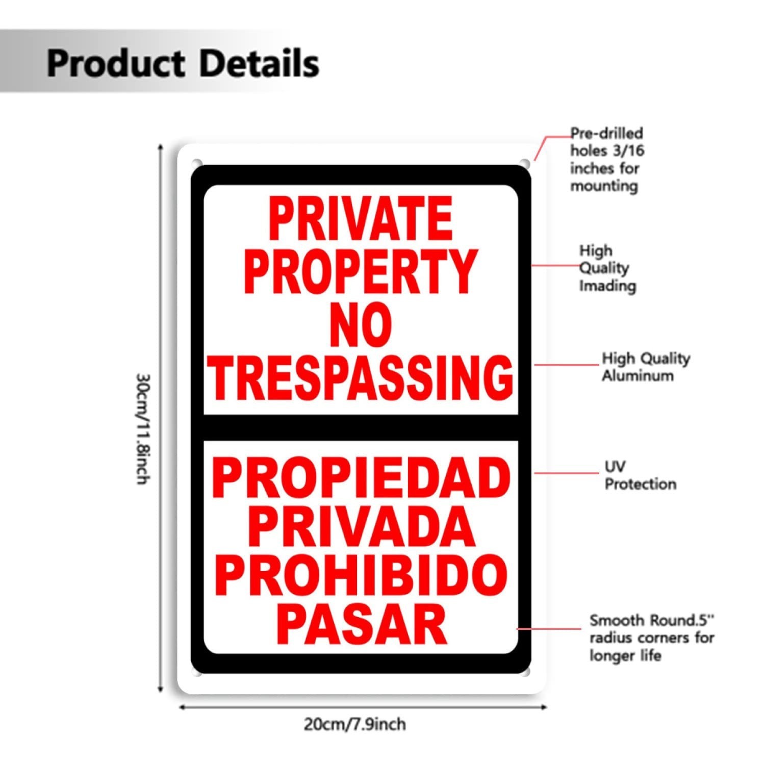 Bilingual Private Property No Trespassing English & Spanish Security Signs. P…