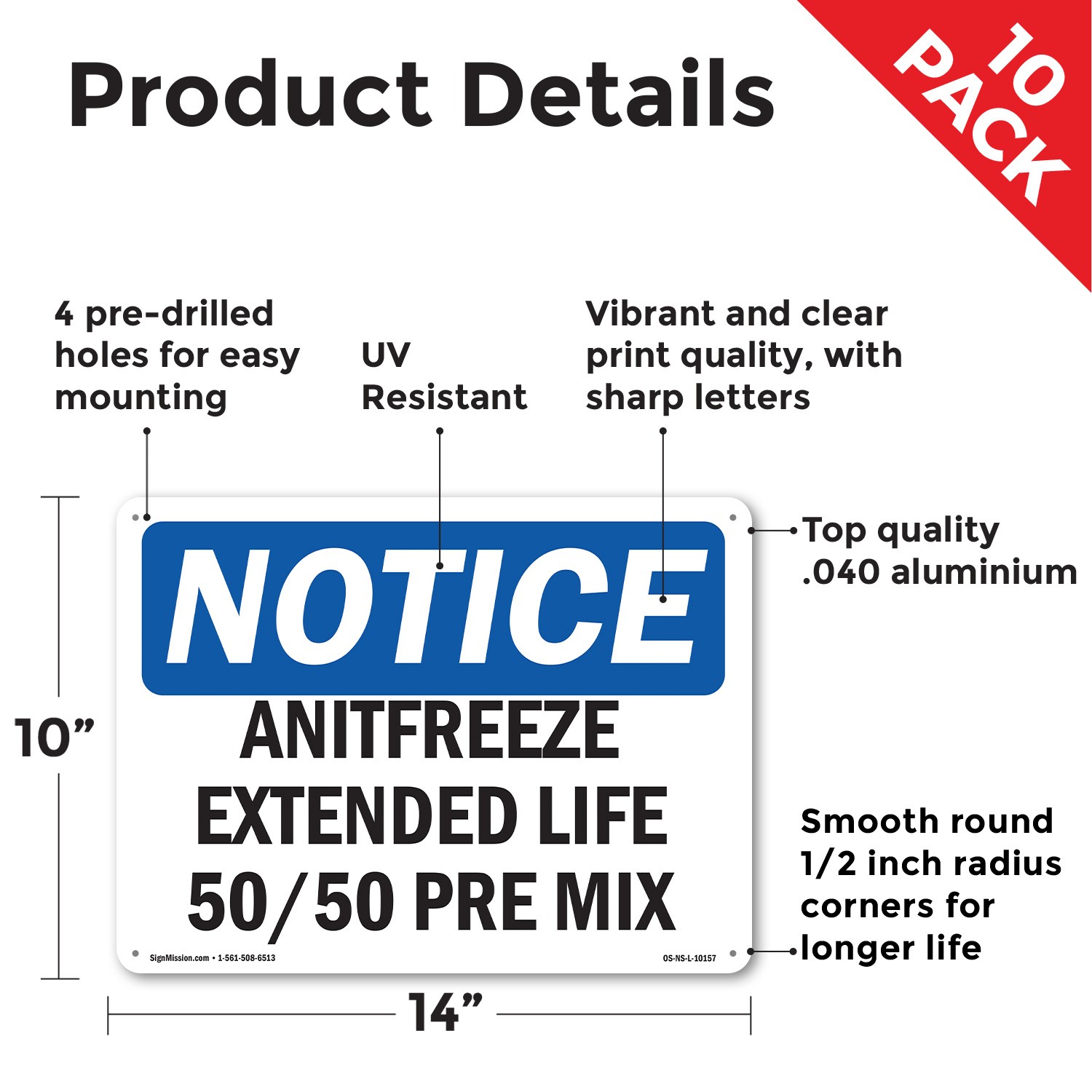 Antifreeze Extended Life 50 50 Pre Mix OSHA Notice Sign Or Decal – 5 or 10 Pack