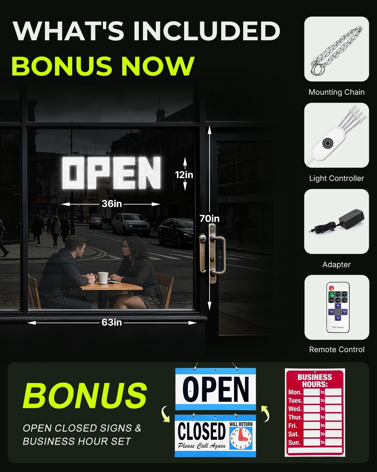 36&Prime;X12&Prime; Bright Dimmable LED Open Sign for Storefronts, Bars & Cafes