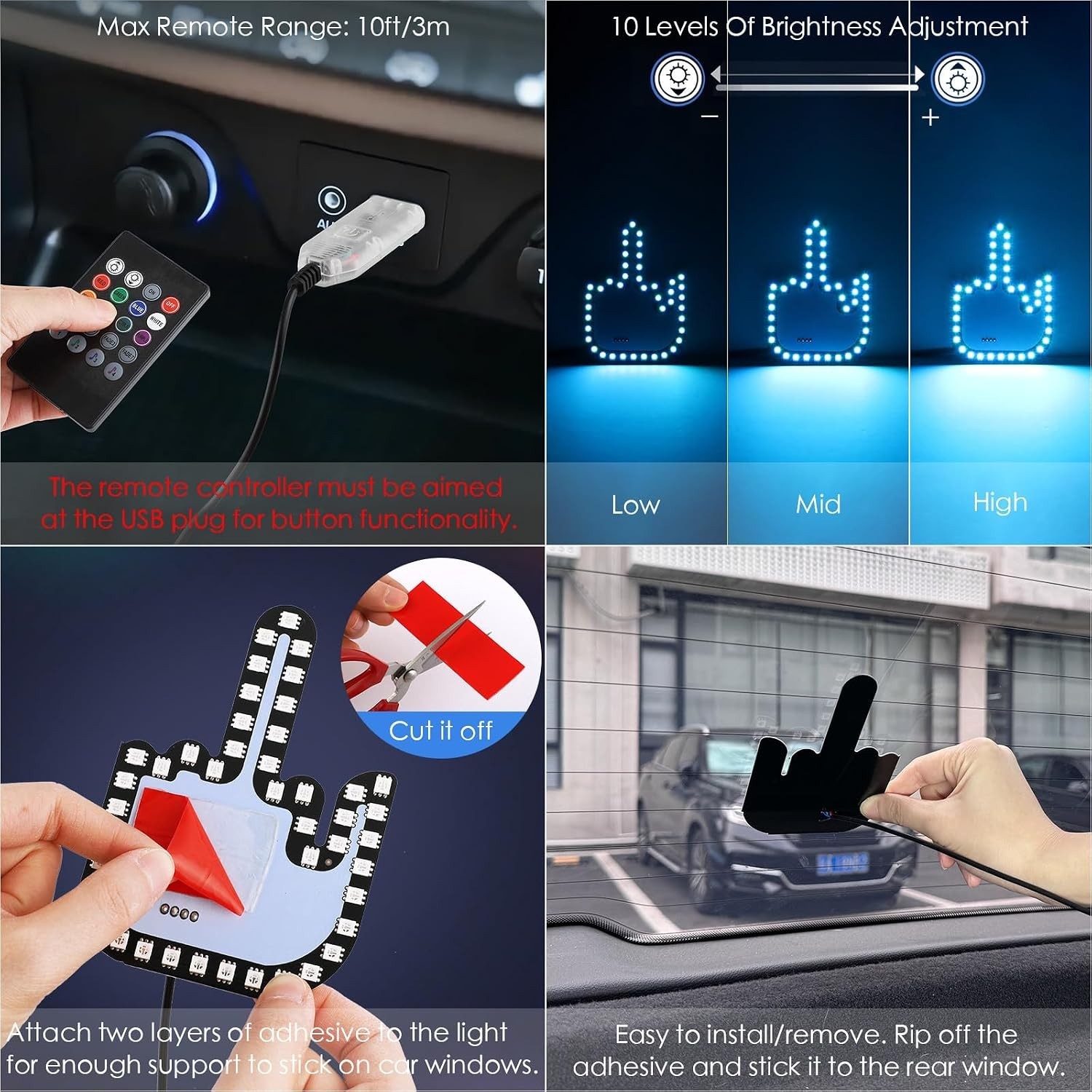 LED Car Window Gesture Light – Remote-Controlled 7-Color Finger Flicker