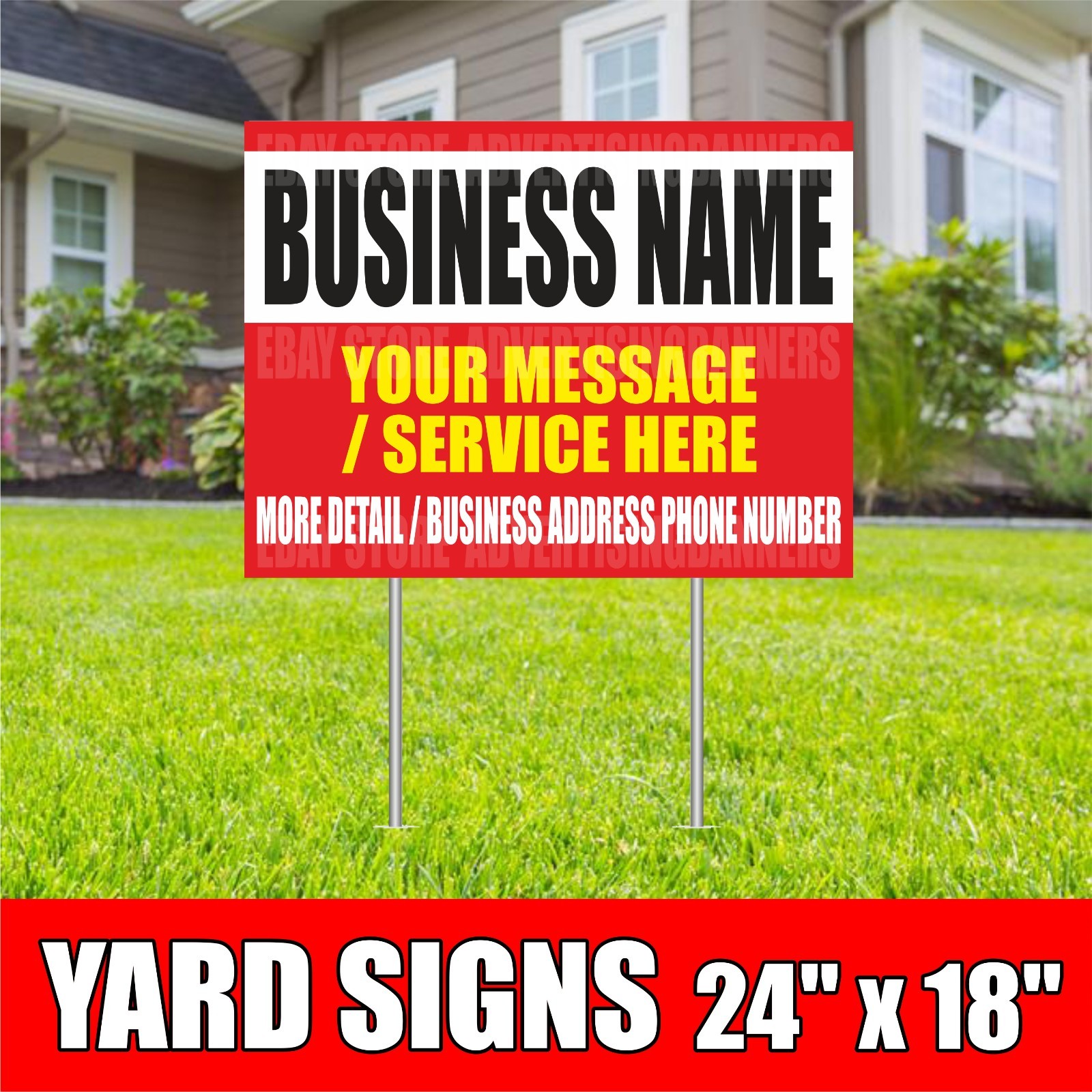 BUSINESS NAME Yard Sign with H-Stakes MESSAGE SERVICE HERE Custom Phone Number