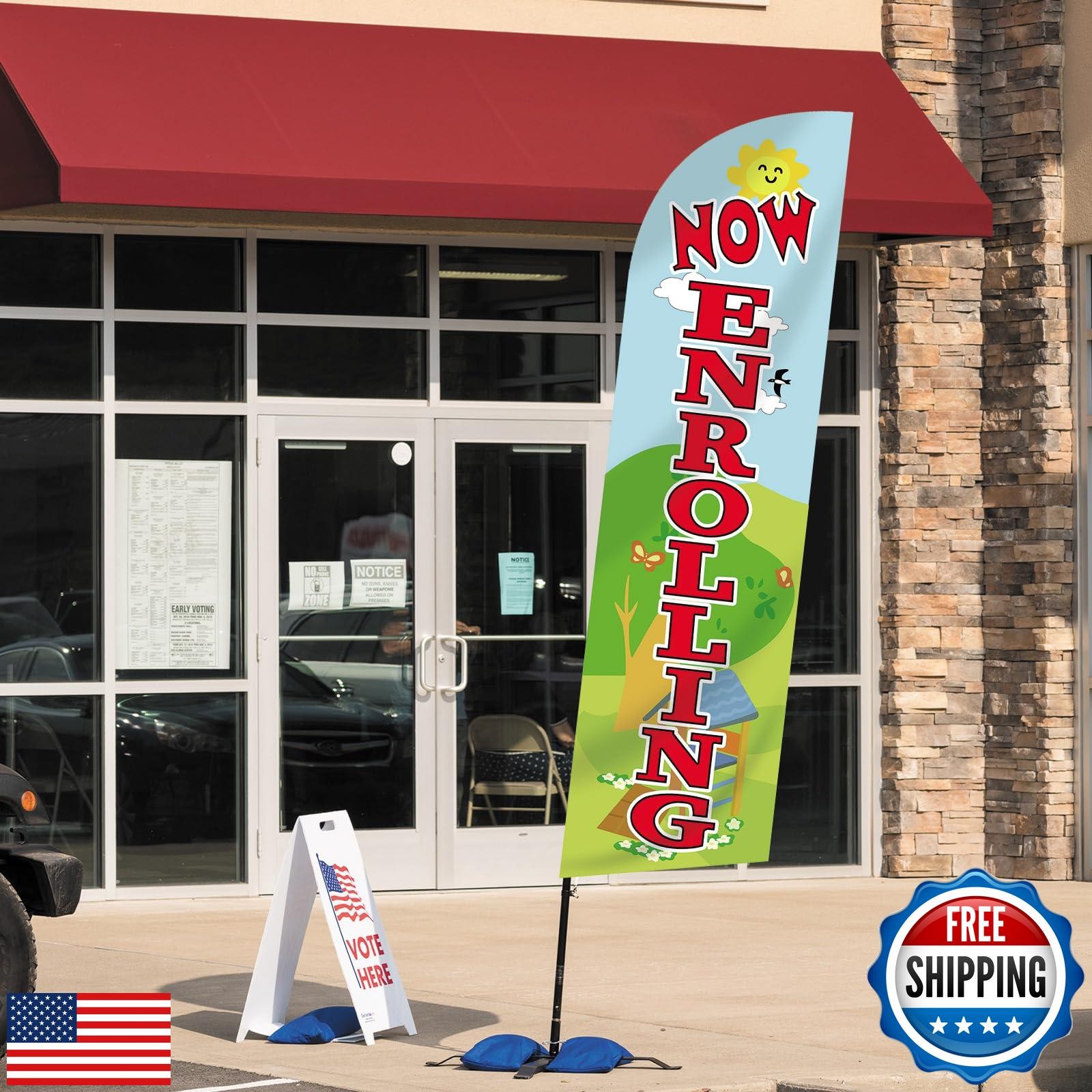 Mindsoft 2 Pcs Now Enrolling Day Care Feather Flag 3 ft x 11.5 ft Heavy Duty