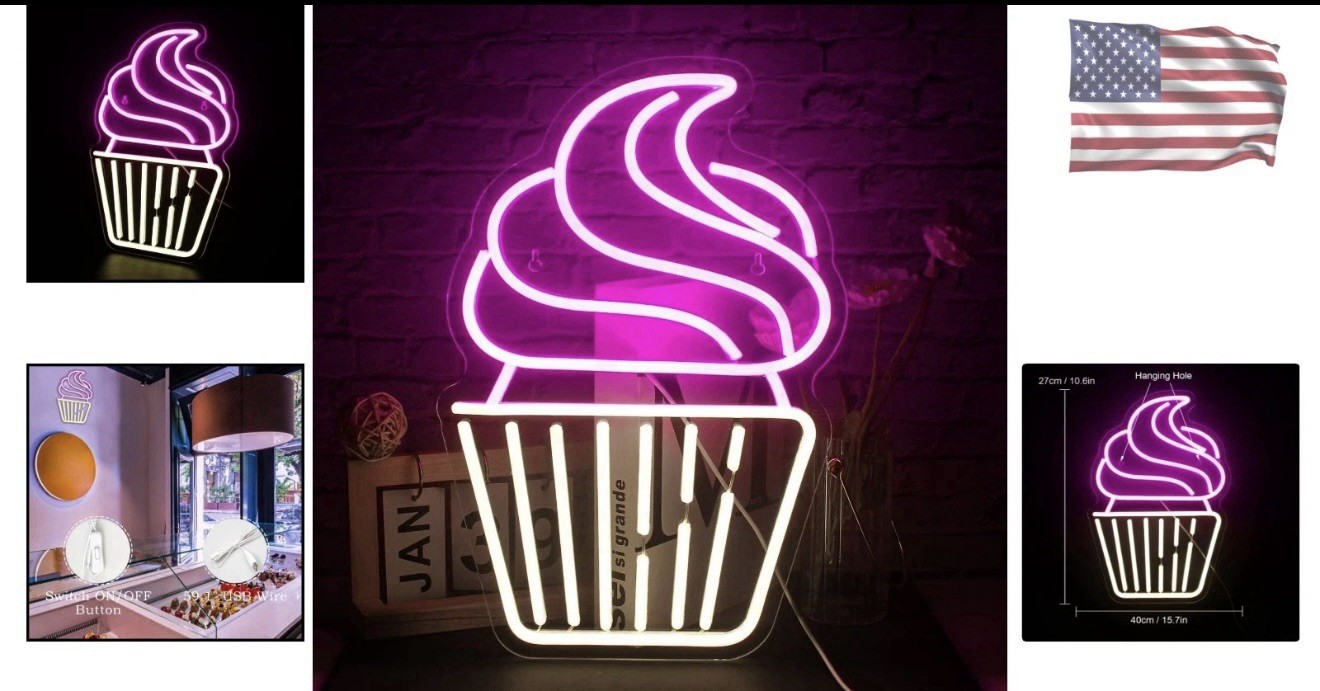 Neon Sign LED Cupcake Wall Decor Pink Warm White Bakery Party Lights