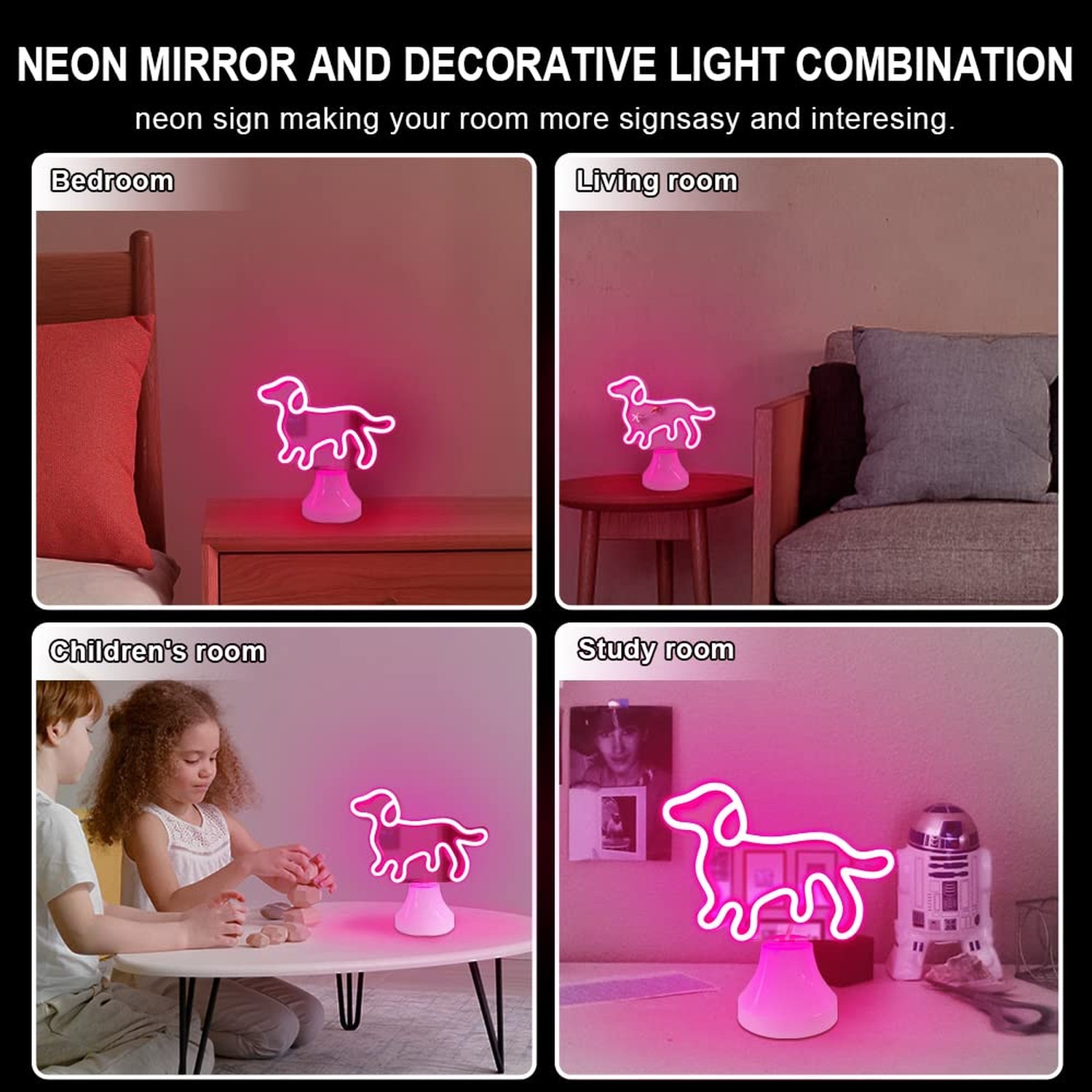 Dog Neon Sign for Room Decor, Neon Mirror Table Light, USB & Battery Operated…