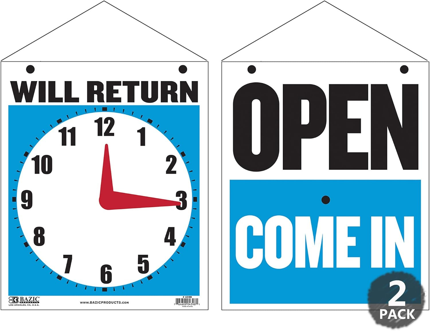 BAZIC Open Sign 7.5&Prime;X9&Prime;, Clock Will Return Will Be Back, Double Sides Plastic Vi