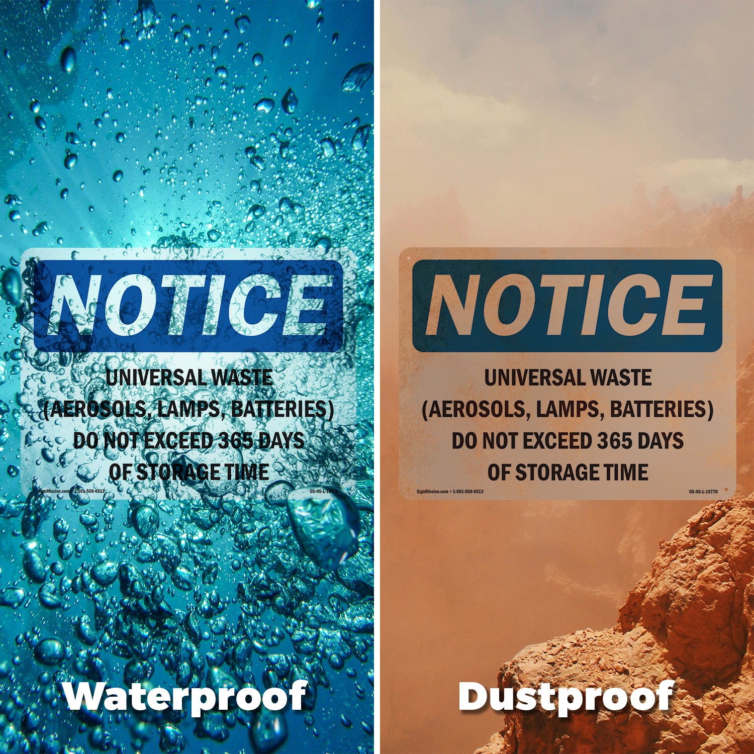 Universal Waste (Aerosols Lamps Batteries) OSHA Notice Sign, Decal 5 or 10 Pack