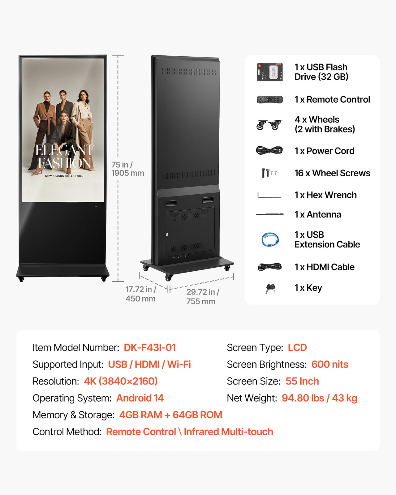 VEVOR 55 in Indoor Digital Signage Floor Standing Advertising Display Kiosk 4K