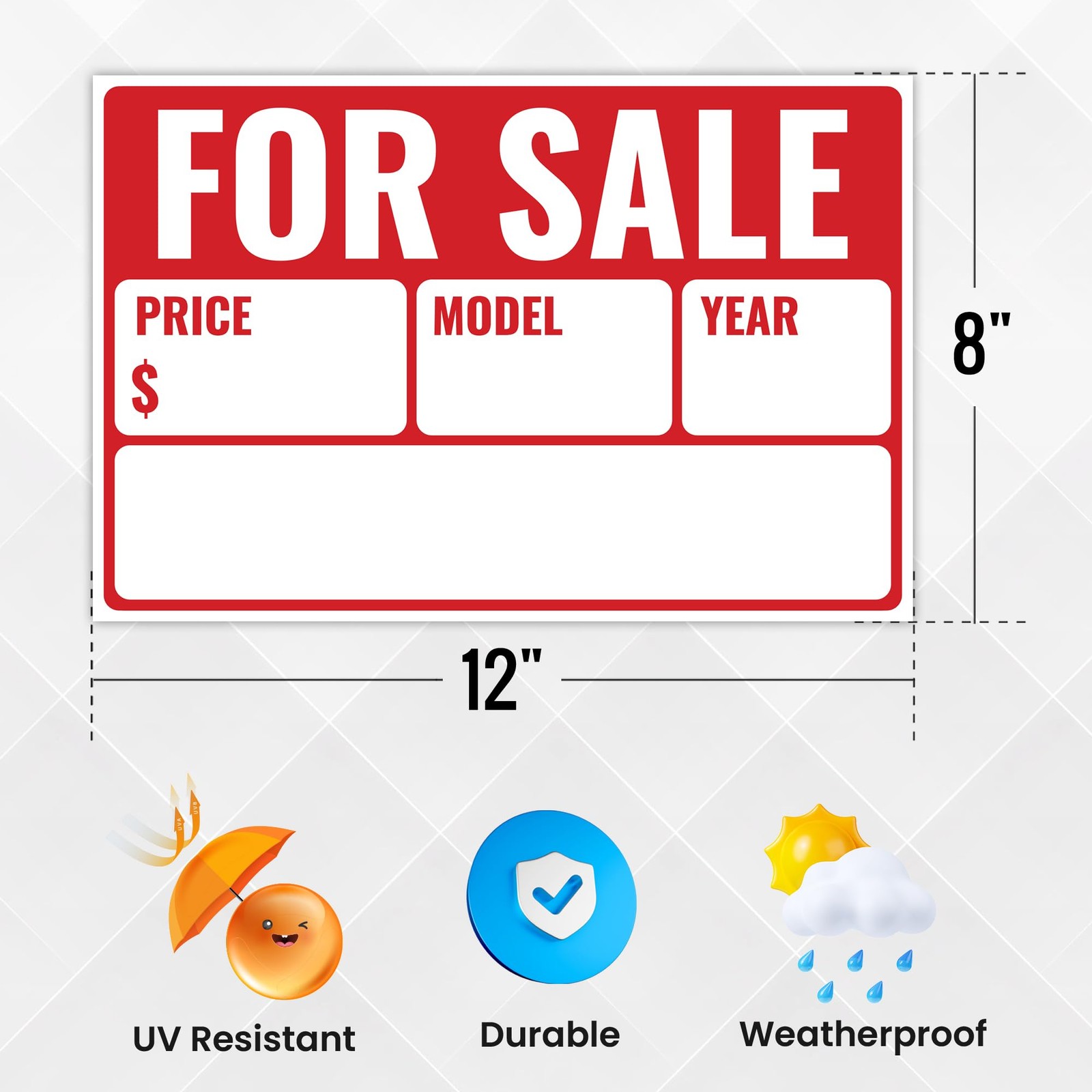 2PC For Sale Sign Car, 12 Inches by 8 Inches 20 mil Polystyrene Plastic Car…