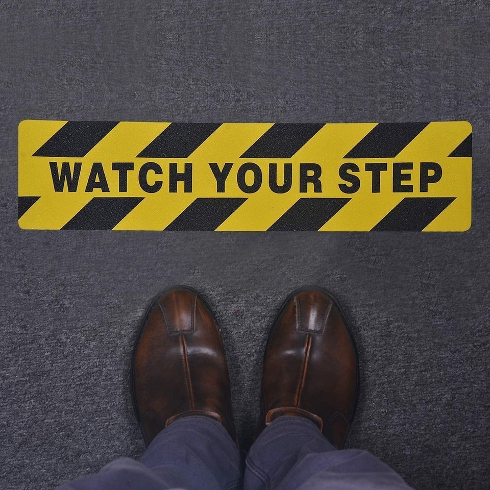 4 pk 6&Prime; x 24&Prime; Watch Your Step Floor Tape Anti Slip Warning Sign Adhesive Sticker