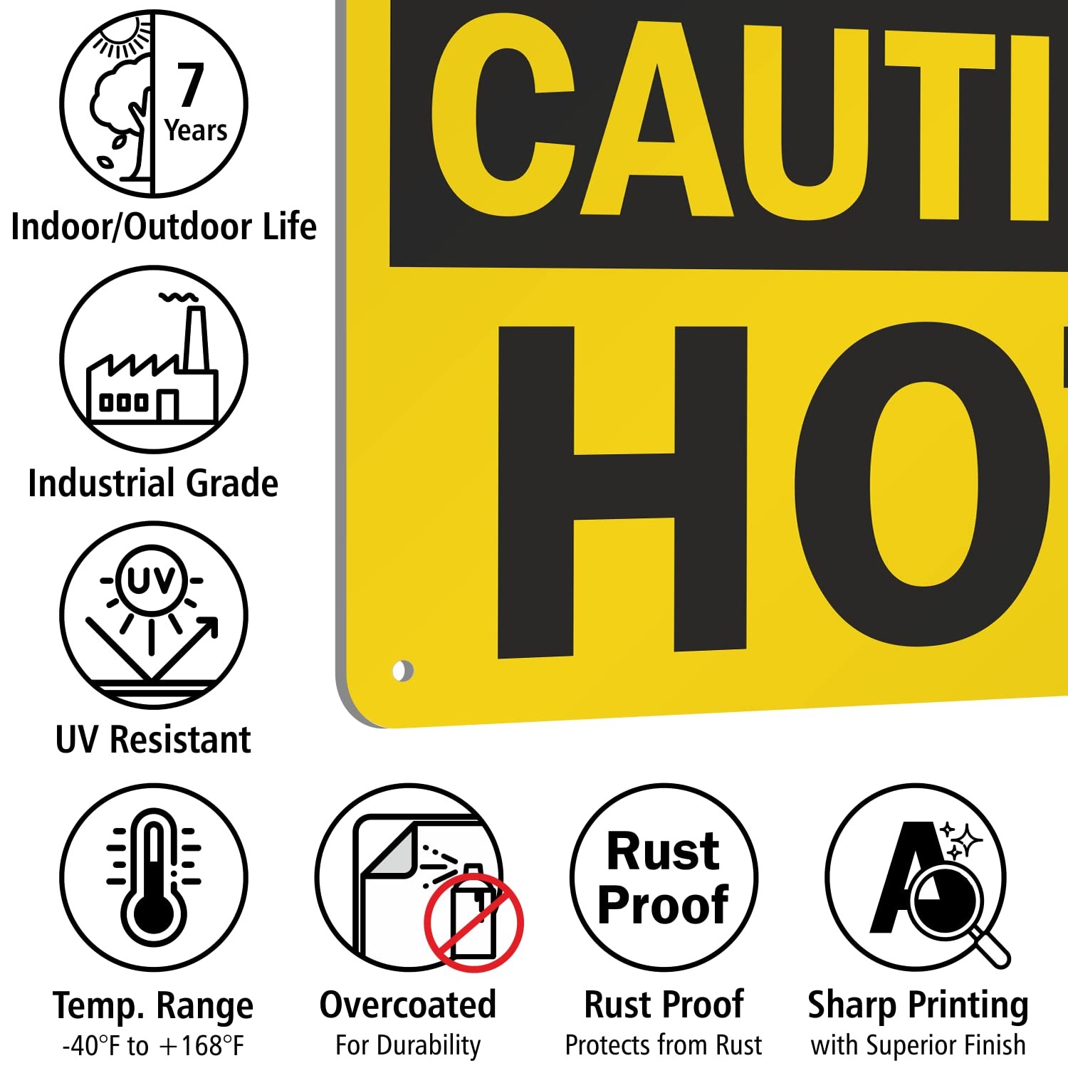Caution Hot Sign 7×10 Inch Aluminum Black On Yellow Safety Warning Decor