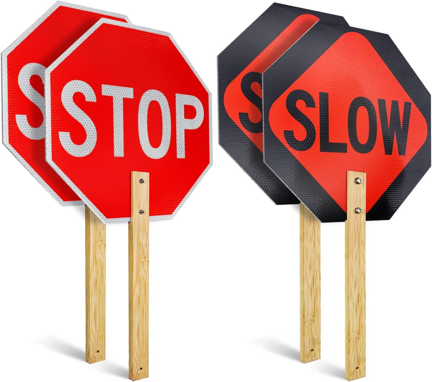 Stop Slow Sign with Bamboo Handle, 2-Pack 13&Prime; X 13&Prime; Double Sided Engineer Grade